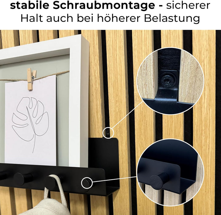 Wandregal mit Hakenleiste Einhängeregal für uficell Akustikpaneele 20 cm lang – schwarzes Metallrega