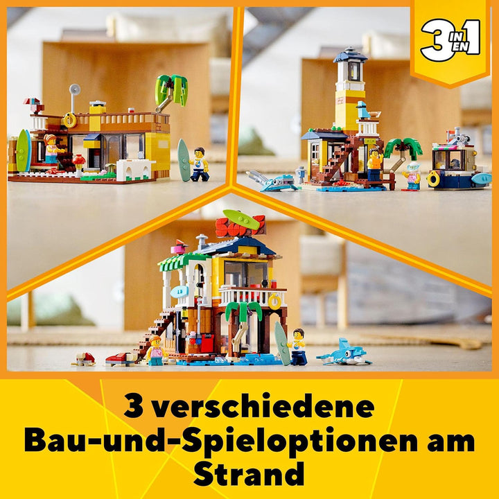 LEGO 31118 Creator 3-in-1 Surfer-Strandhaus, mit Leuchtturm, Poolhaus, Tier-Figuren wie Delfin und S