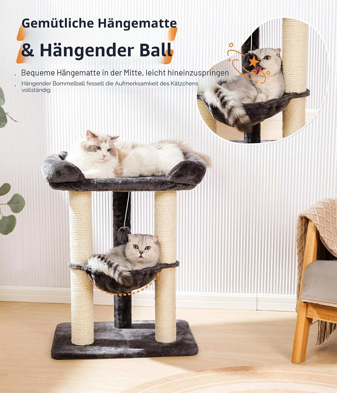 Happi N Pets 71 cm Kratzbaum für Katzen, Hoher Kratzstamm mit grossem Bett für grosse Katzen, Sisal-