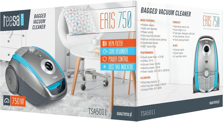 Teesa Eris 750, Staubsauger mit Beutel, TSA5011, 2.0 Liter, 750 Watt, Energieeffizienzklasse A, Ablu