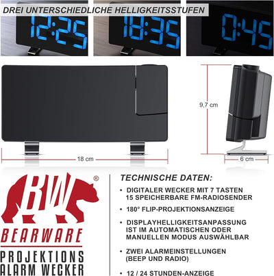 CSL - FM Radiowecker Projektionswecker digitaler Wecker - Flip-Projektionsanzeige - 2 Weckalarme – 1