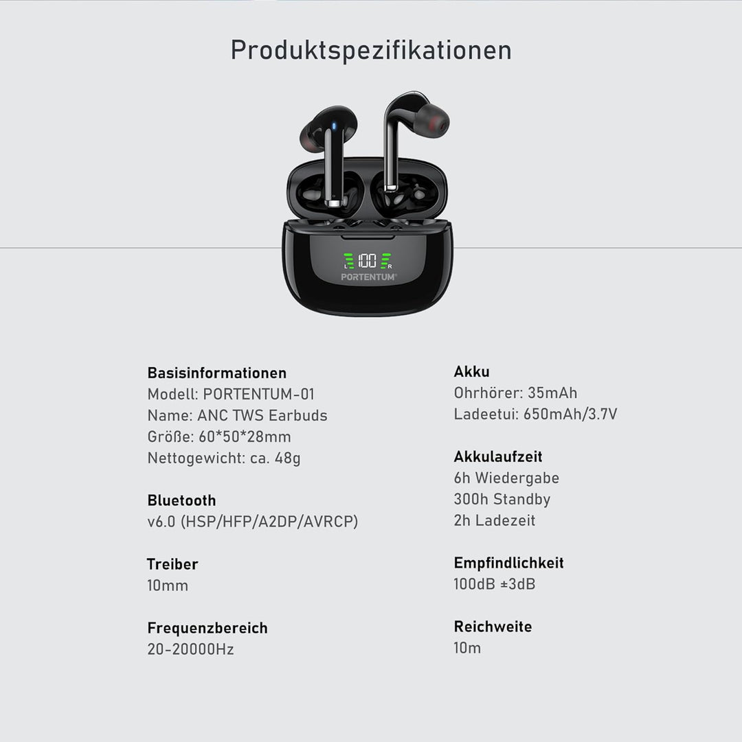 PORTENTUM Kopfhörer kabellos bluetooth 6.0 – HYBRID ANC + ENC Geräuschunterdrückung – Akkulaufzeit 6