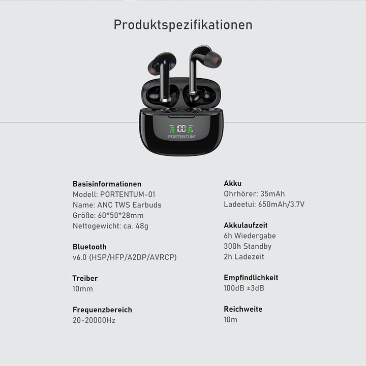 PORTENTUM Kopfhörer kabellos bluetooth 6.0 – HYBRID ANC + ENC Geräuschunterdrückung – Akkulaufzeit 6