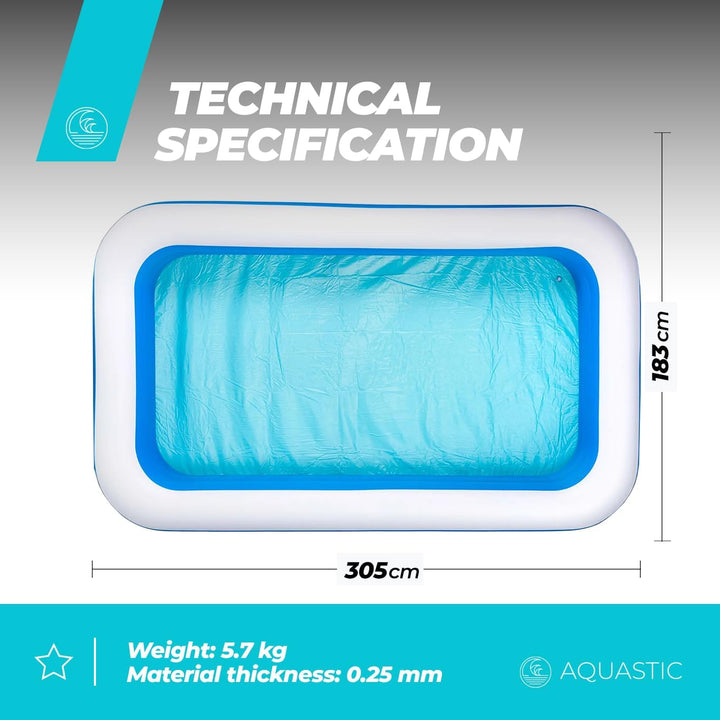 AQUASTIC Aufblasbarer Kinderpool 305 x 183 x 56 cm blau | Vinylmaterial, 1160 l Volumen und Reparatu