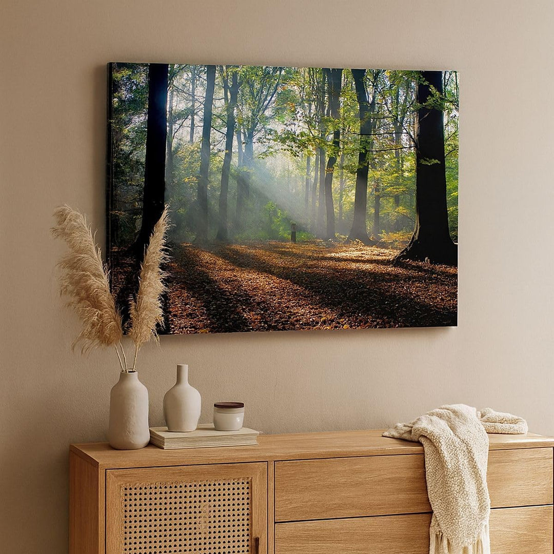 Bilder auf Leinwand 100x70cm Leinwandbild mit Rahmen Wald Blätter Sonne Gross Wanddeko Bild Schlafzi
