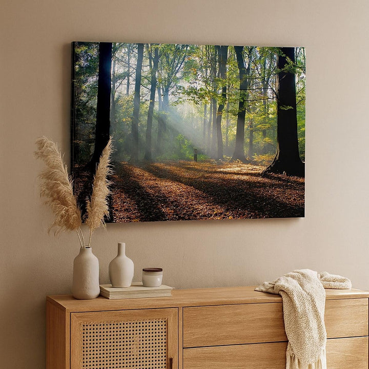 Bilder auf Leinwand 100x70cm Leinwandbild mit Rahmen Wald Blätter Sonne Gross Wanddeko Bild Schlafzi