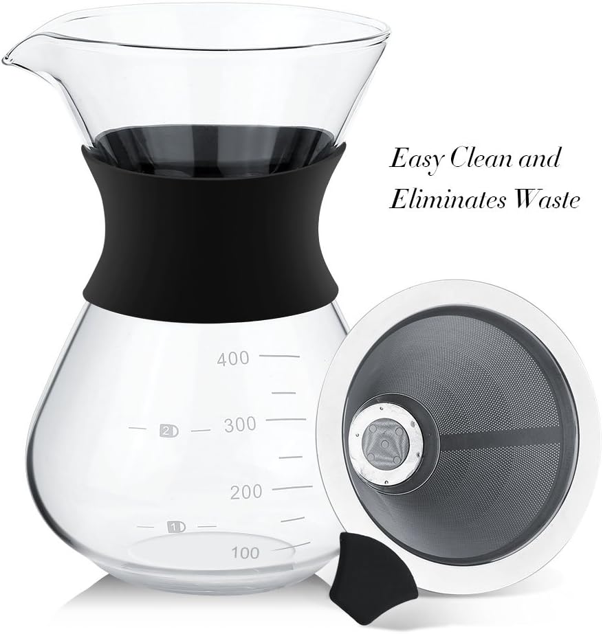Kaffeekanne aus Glas, 400ml Pour Over Kaffeebereiter mit Edelstahl Filter, Wiederverwendbar Manuell