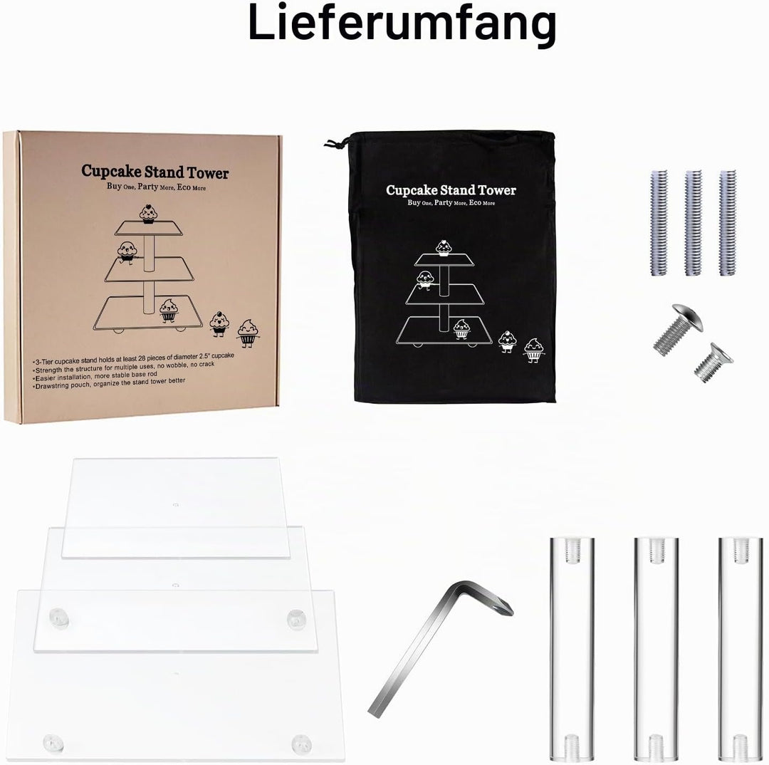 Boxalls Tortenständer mit 3 Ebenen, Gross Quadrat Cupcake-Ständer aus Acryl 25,4 Zentimeter/ 10 Zoll