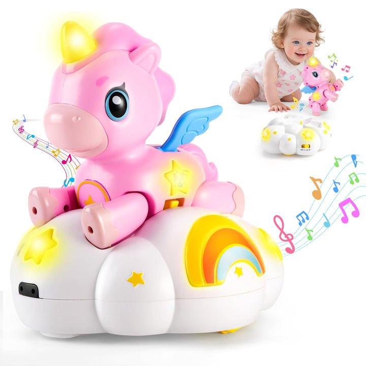 2-in-1 Einhorn Wolken Baby Spielzeug mit 3 Entwicklungsstufen für Tummy Time,Krabbeln mit Licht & Mu