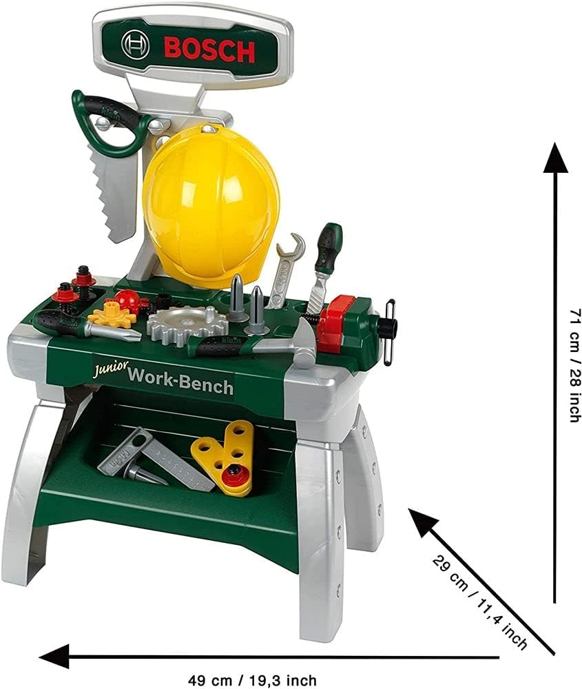 Klein Theo 8612 Bosch Werkbank Junior 2+ | Inkl. Helm, Schraubstock, Werkzeugen, Latten, Nägel, Schr