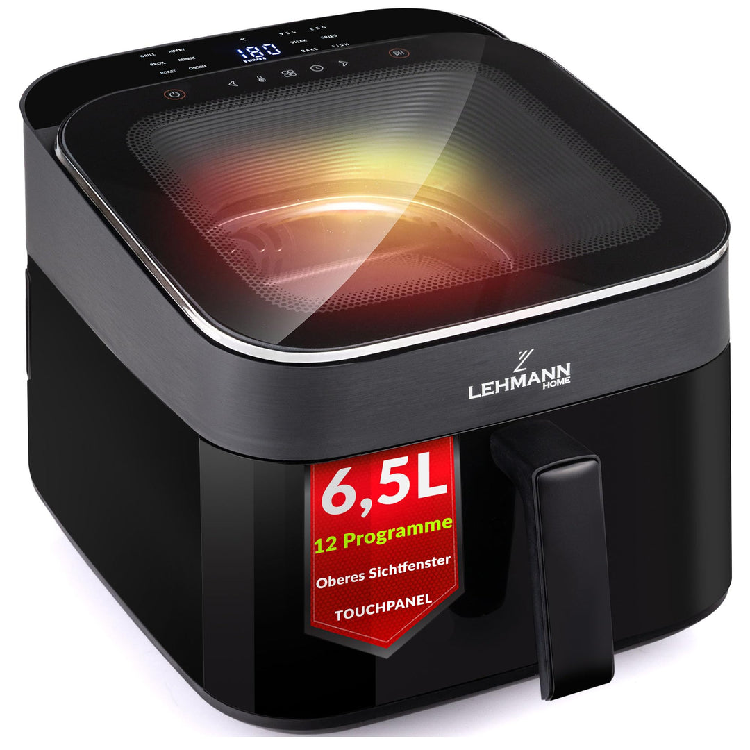 LEHMANN XL Heissluftfritteuse 6,5L, Airfryer mit oberem Panorama-Sichtfenster & Beleuchtung, Touchdi