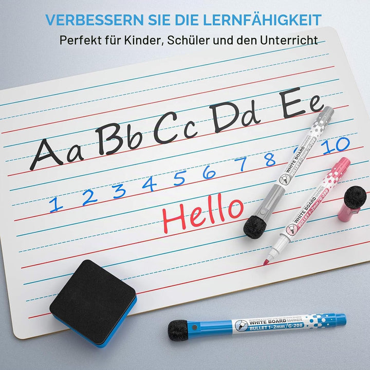 Nicpro 2 Stück Whiteboard Klein A4, Doppelseitiges Desktop Schreibtafel Liniert mit 8 Bunte Stifte,
