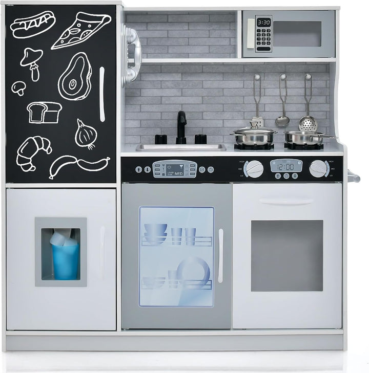 COSTWAY Kinderküche mit 10 Spielzubehör, Spielküche Kinder mit Tafel, Spielzeugküche mit Mikrowelle