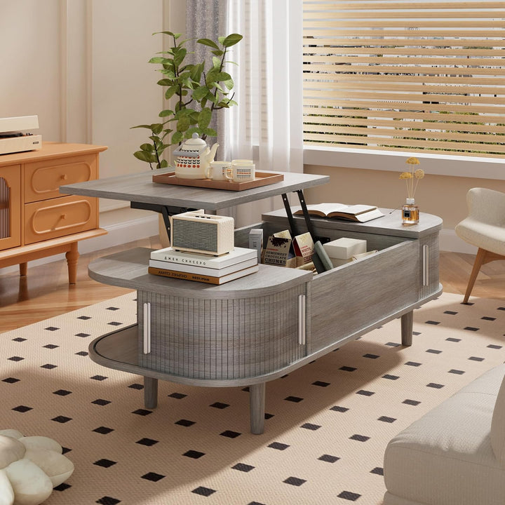 Couchtisch mit Hebeplatte – Moderner Holztisch mit Einzigartiger Textur & Verstecktem Stauraum, Kaff