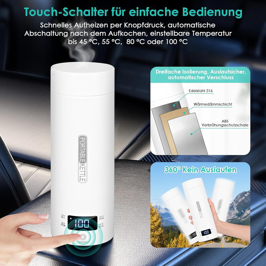 Dreamhigh® Reisewasserkocher, 500ml Mini Wasserkocher, 96W Wasserkocher Klein aus Edelstahl, Auto Wa