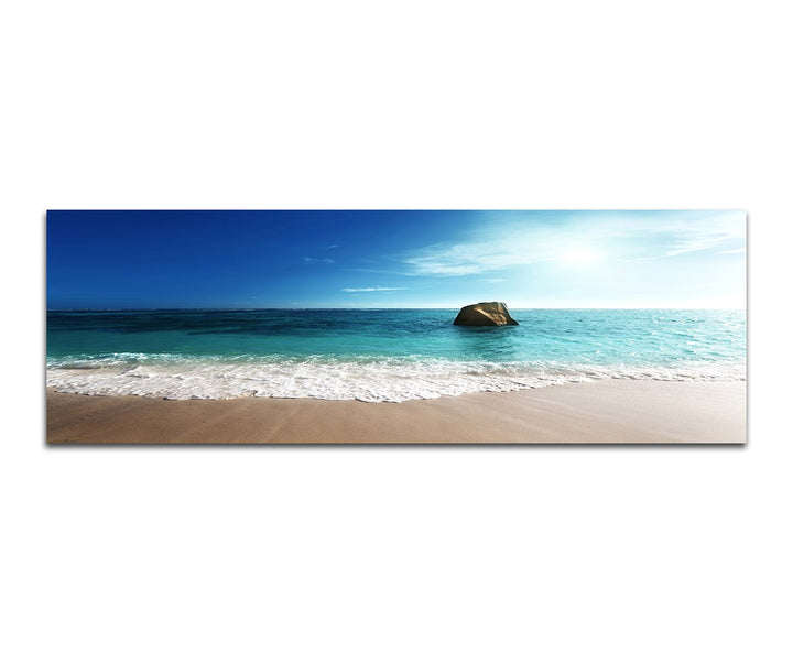 Paul Sinus Art Panoramabild auf Leinwand und Keilrahmen 150x50cm Seychellen Strand Meer Stein Dämmer
