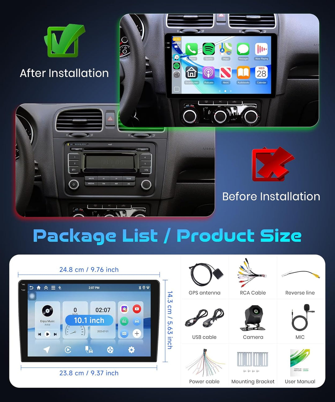 Rimoody 4G+128G Android Autoradio 2 Din 10 Zoll Touchscreen 2 Din Autoradio mit Wireless Carplay And