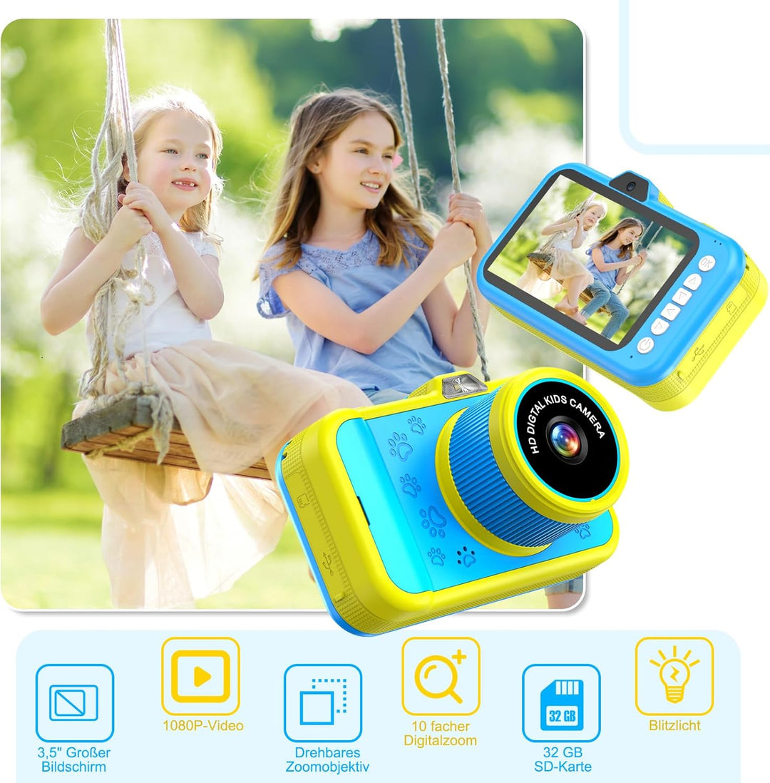 Kinderkamera, 3,5" Grosses Display |360°Rotierendes Zoomobjektiv | Kinder Kamera mit Selfies | LED-B