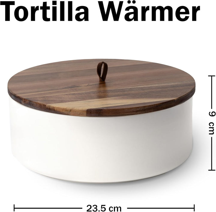 Tortillada - 23,5 cm Tortilla Wärmer mit Holzdeckel, Keramik Tortilla Warmer, Wrap Wärmer - Für Mikr