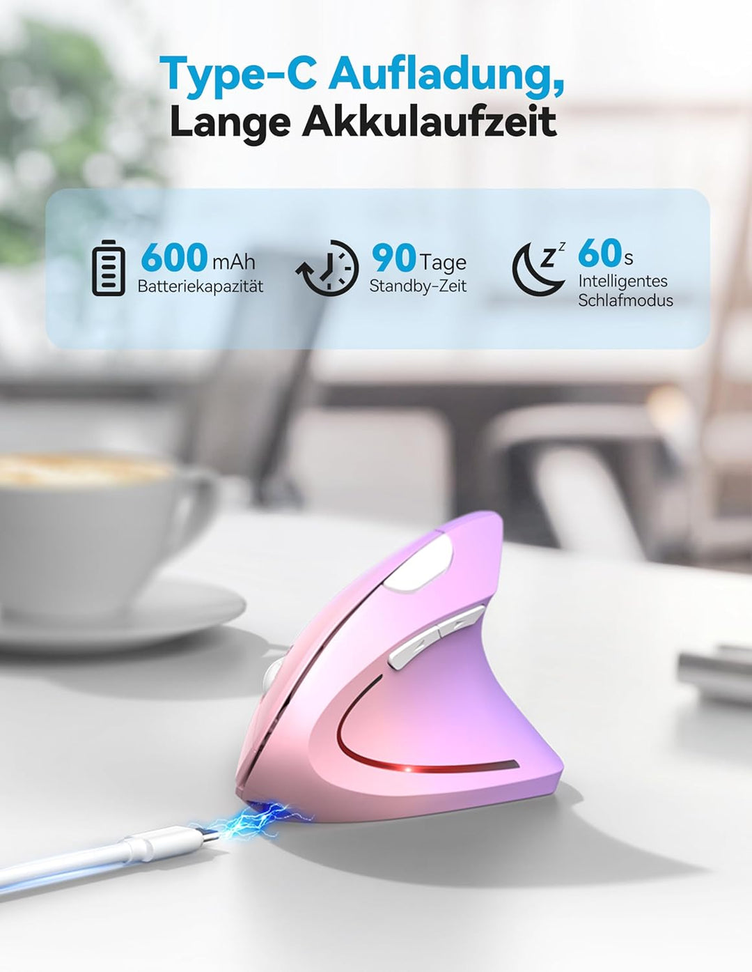TECKNET Ergonomische Bluetooth Maus, Wiederaufladbar Kabellose Vertikale Maus (BT 5.0/3.0 + 2.4G), 6