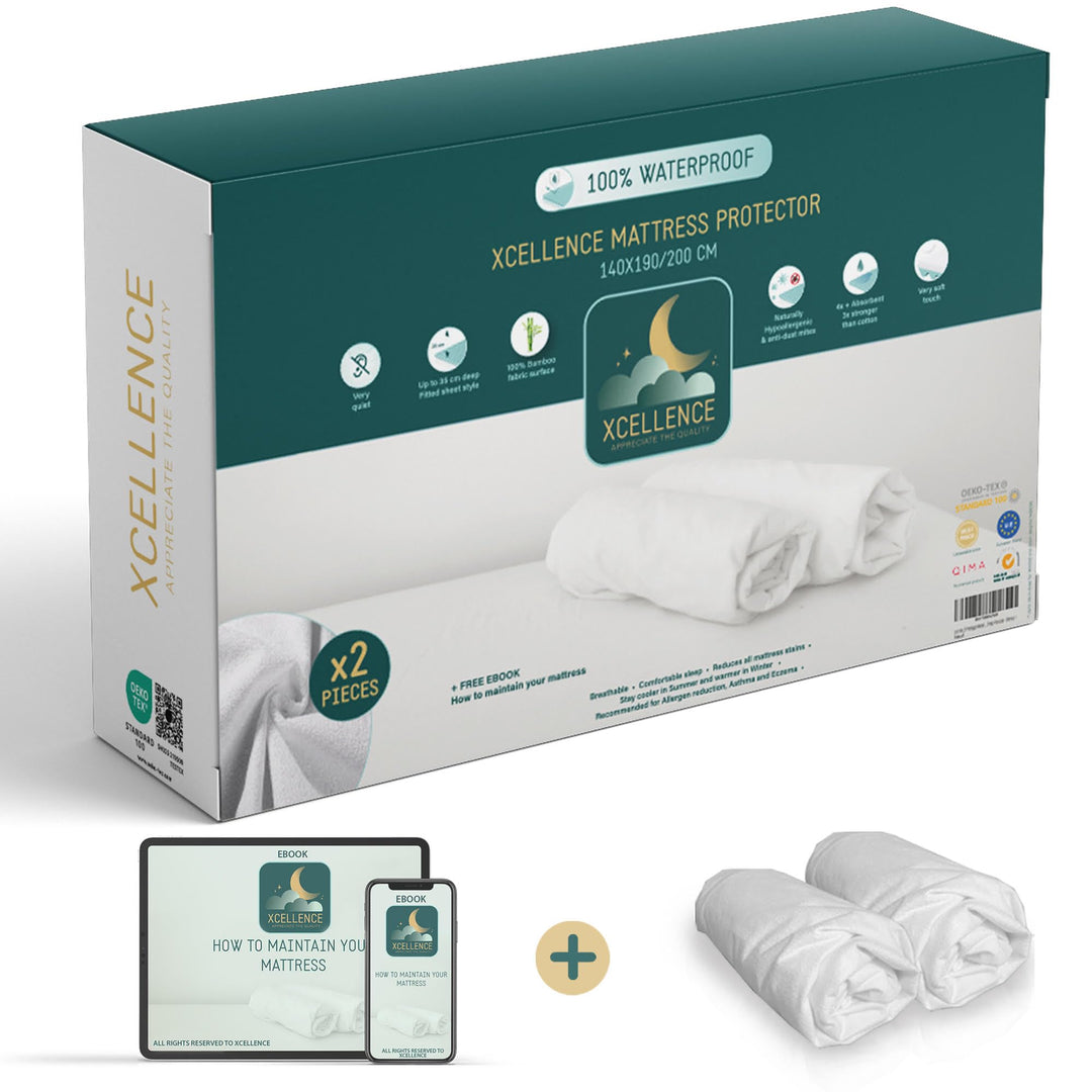 2 Stück Matratzenschoner 140 x 190/200 cm - wasserdicht leise - atmungsaktiv - 100 % Bambus - Höhe 3