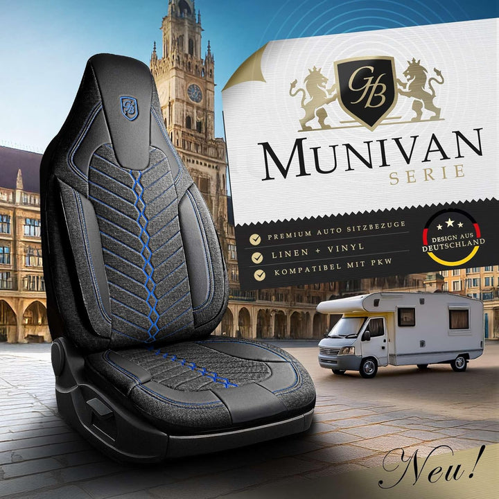 Autositzbezüge Universal für Wohnmobil & Caravan - Vordersitze Auto Sitzbezug aus Leinen, Schwarz-Bl