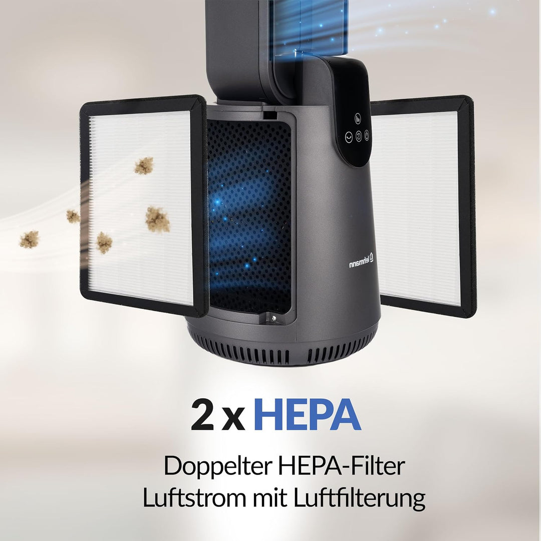 LEHMANN Turmventilator 2-in-1 mit Luftreiniger, 2x Hepa-Filter, leiser Ventilator mit Schlafmodus, 1