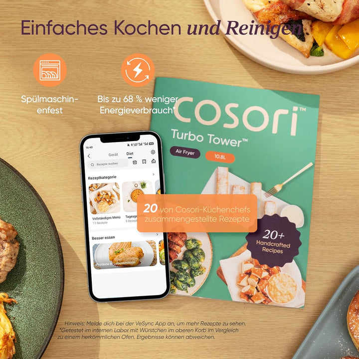 COSORI Turbo Tower Heissluftfritteuse mit 2 Kammern, 10,8L Double Stack Airfryer, spart 41Prozent Kü