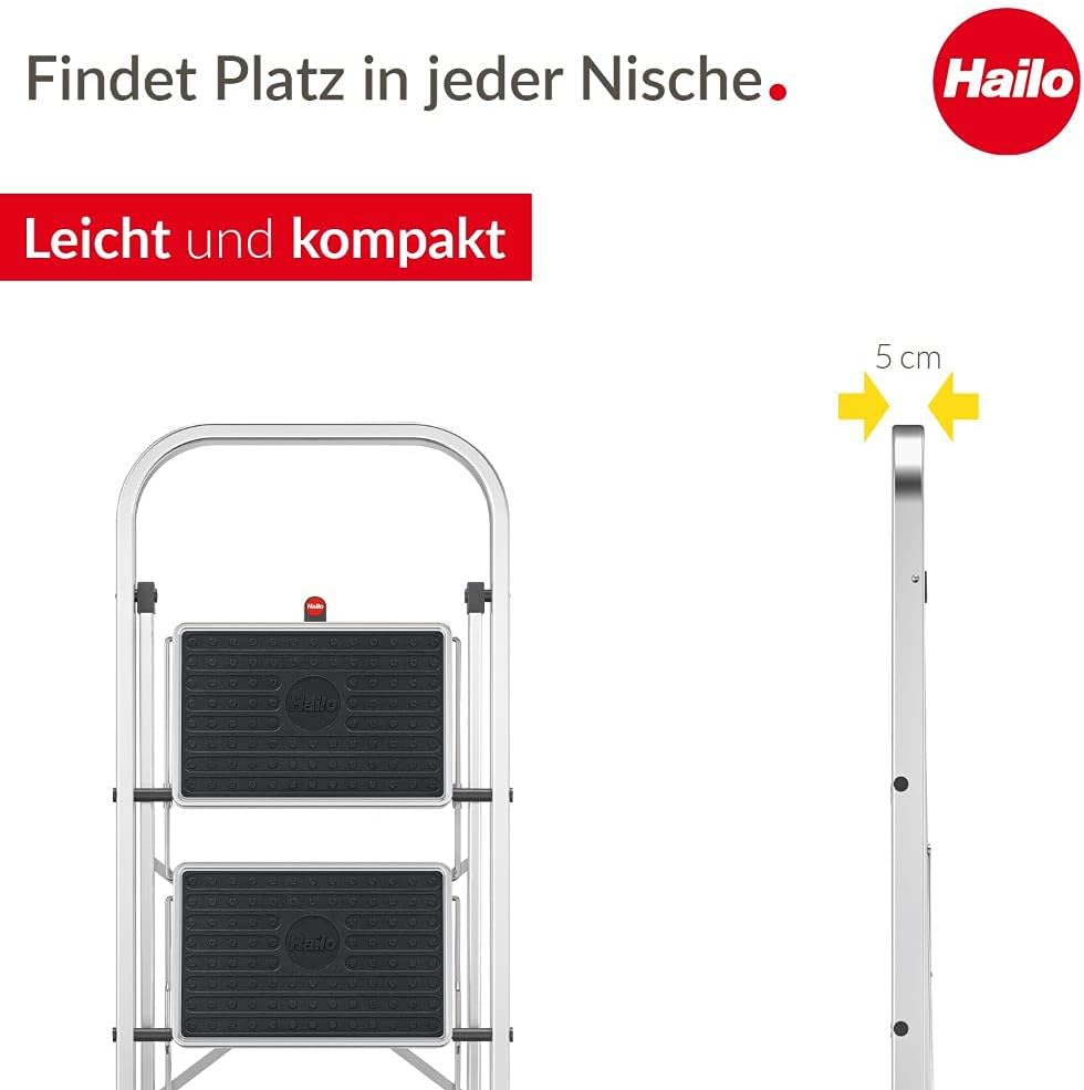 Hailo K70 StandardLine Alu-Klapptritt-Leiter - 2 grosse Stahl-Stufen mit Anti-Rutsch-Matten belastba