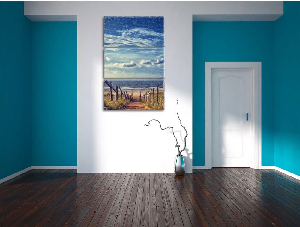 Pixxprint Weg zum Strand am Meer Kunst Buntstift Effekt 3-Teiler Leinwandbild 120x80 Bild auf Leinwa
