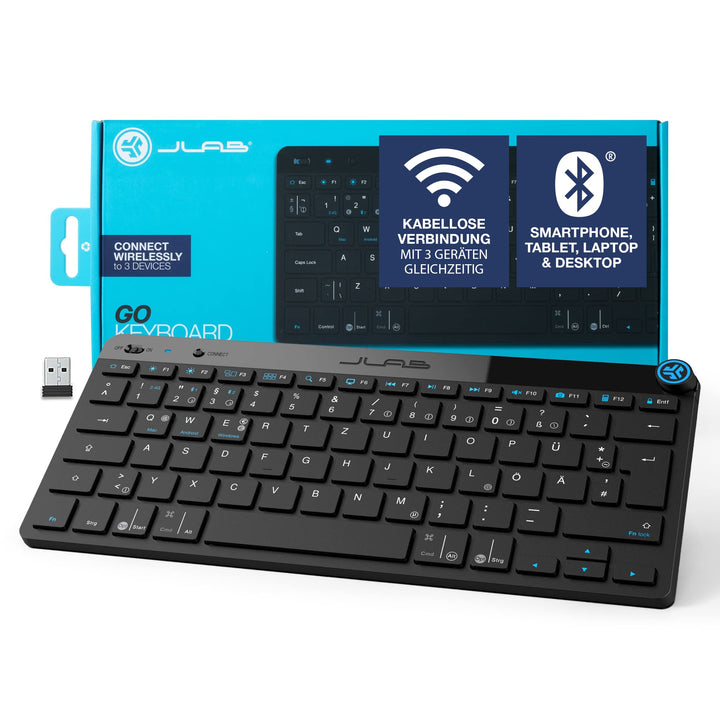 JLab GO Wireless Bluetooth-Tastatur, DE-Layout Mehrere Verbindungsoptionen, Multifunktionaler Medien