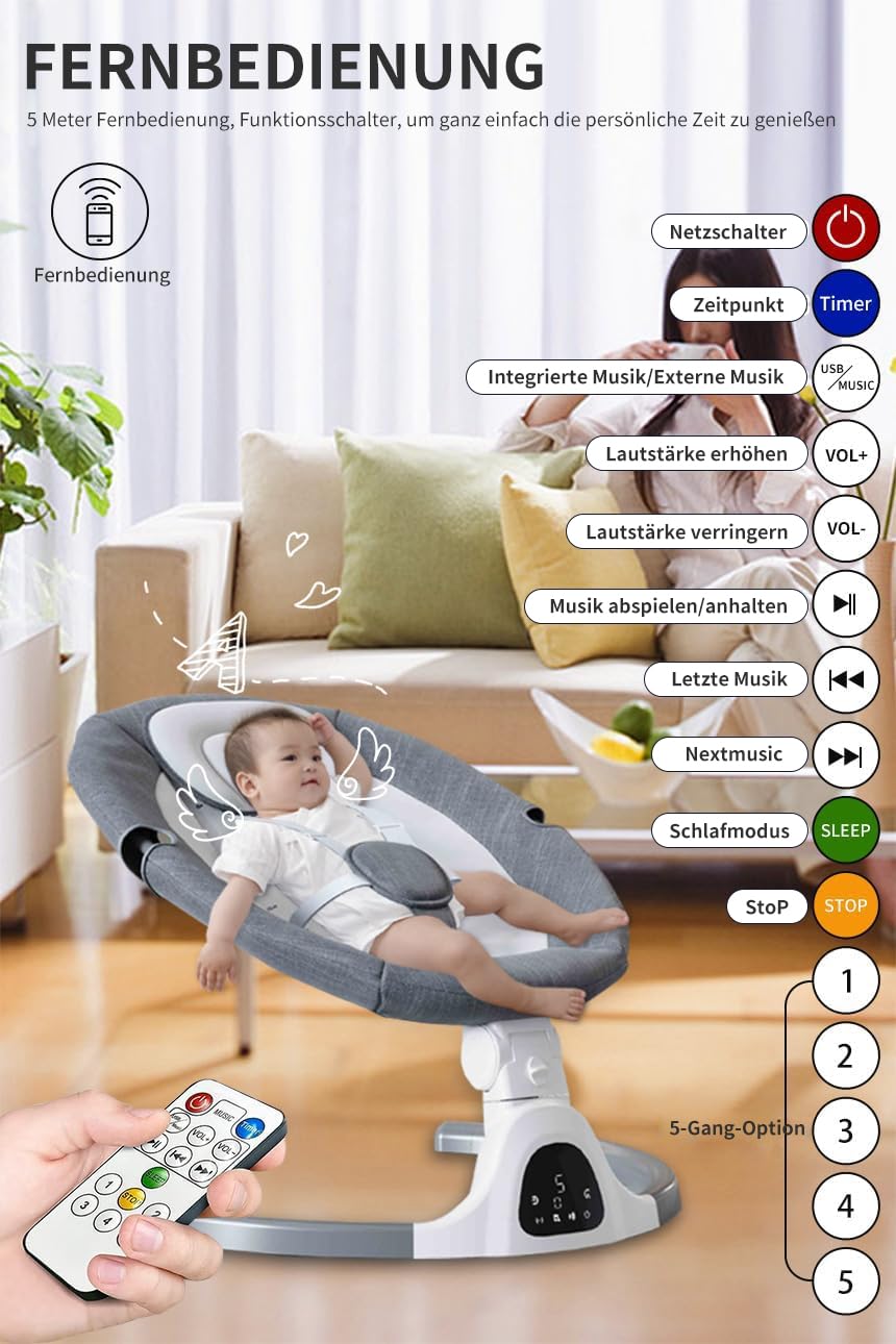 Bluetooth-Baby-Schaukel für Säuglinge, 5 Geschwindigkeit Musik-Lautsprecher mit 12 voreingestellten