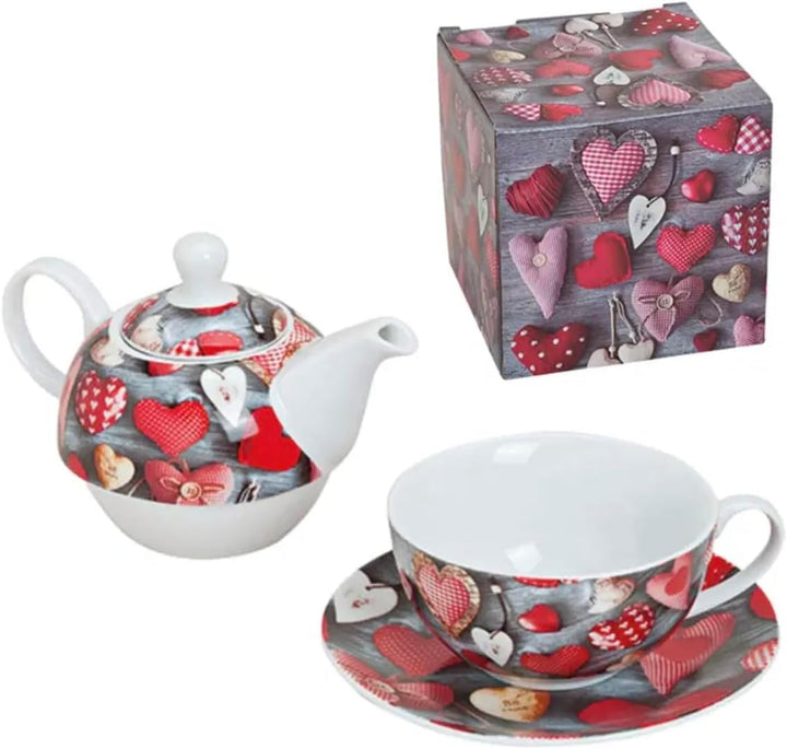 Porzellan-Teekannen-Set Tea for One mit Teekanne, Tasse und Unterteller, 3-teilig (Herz Muster), Her
