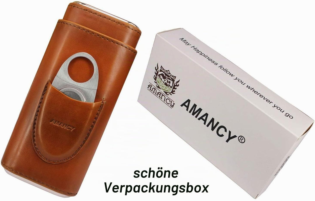 AMANCY Zigarrenetui, für 3 Finger, Leder, mit Zedernholz, mit silberfarbenem Edelstahlschneider, Bra