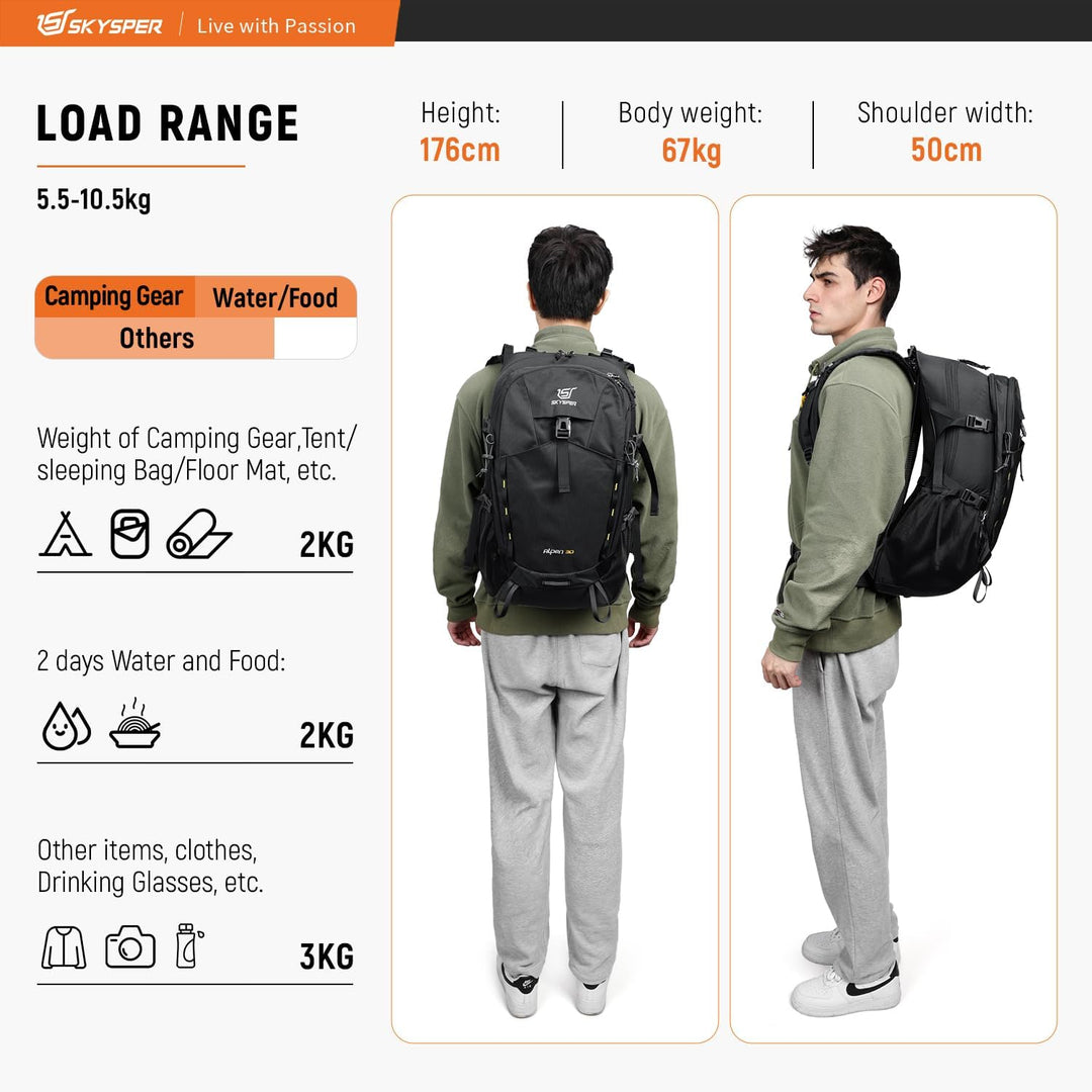 SKYSPER Wanderrucksack 30L Trekkingrucksack Wasserfest mit Rückenbelüftung und Netzrücken Tagesausfl