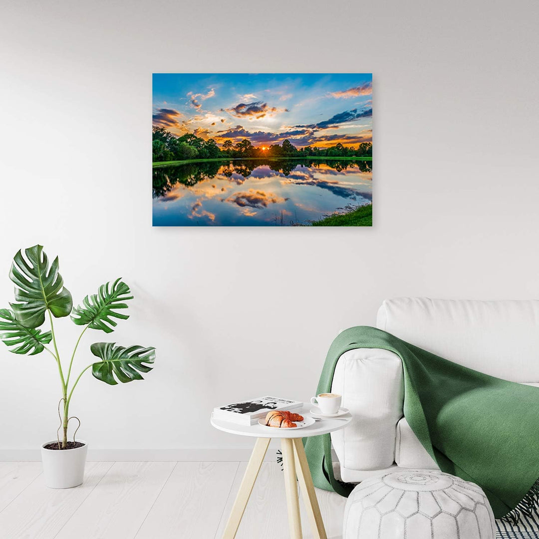 Feeby Bilder Sonnenuntergang See Natur XXL 120x80 cm 1Teilig Wohnzimmer Schlafzimmer Wandbilder Lein