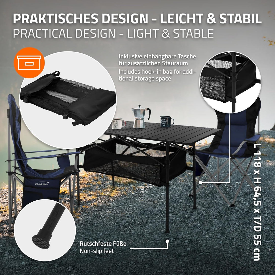 Hauki Campingmöbel Set 3tlg., Campingtisch faltbar Schwarz mit 2 Campingstühlen Blau, Camping-Set fü