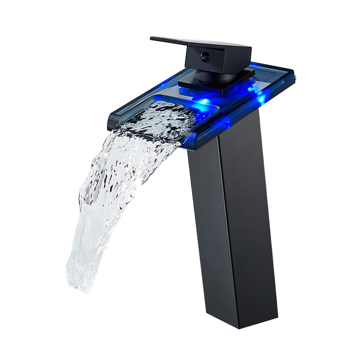 LED Schwarz Wasserfall Wasserhahn, RGB 3 Farbewechsel Waschtischarmatur Einhebelmischer mit Temperat