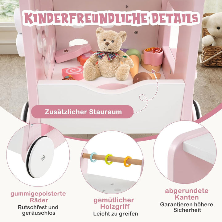 COSTWAY Lauflernwagen Holz, Lauflernhilfe mit Stauraum, Dessertladen auf Rädern mit Eiscreme, Schieb