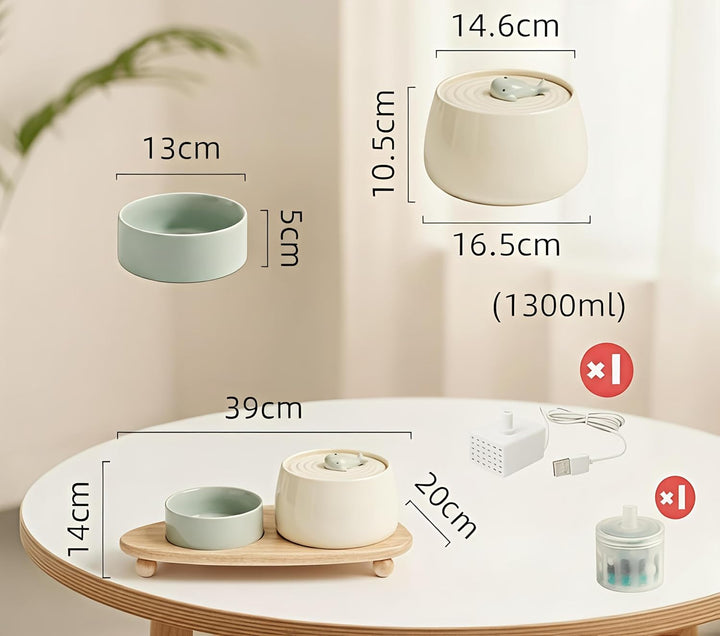 Katzenbrunnen Keramik Set mit Futternapf & 3-Fach Wasserfiltersystem – 1,3L Wasserspender mit Modern