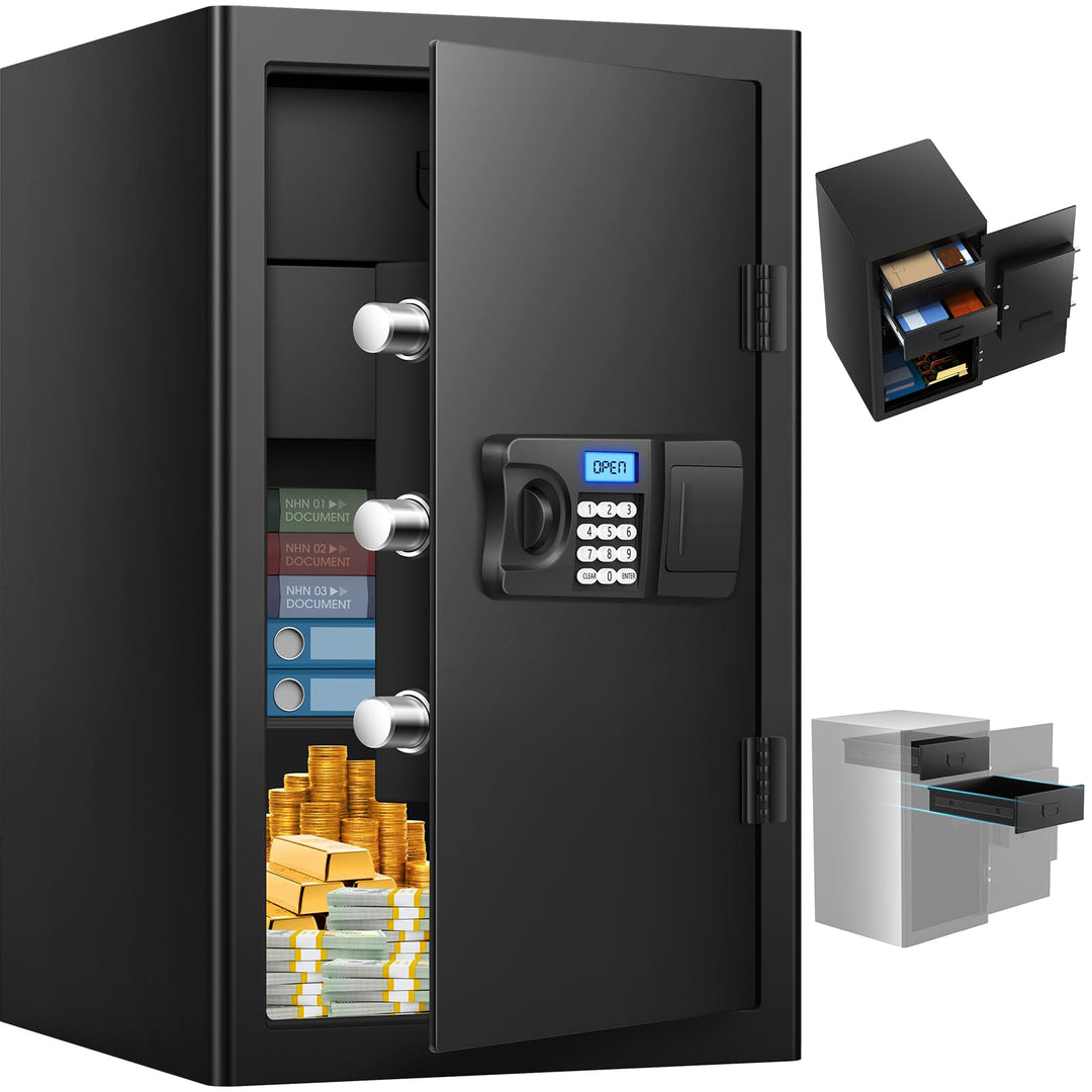 Mejasg 85L Grosser Safe Tresor Feuerfest mit 2 Schubladen&1 Herausnehmbares Regal, Digitaler Möbeltr