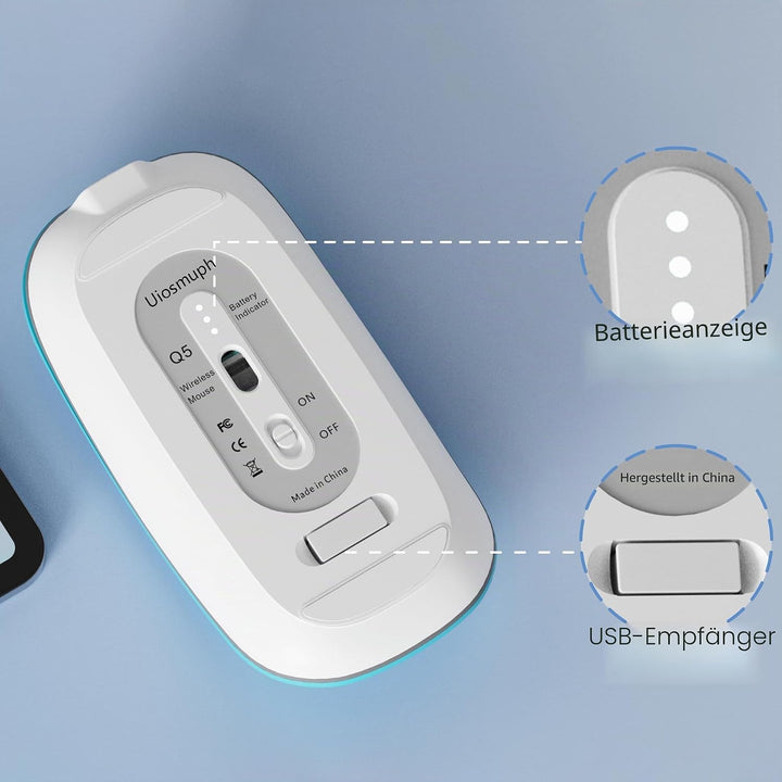 Uiosmuph Q5 Kabellos Maus, Wiederaufladbar Funkmaus 2.4G Leise Funkmaus Ultra Dünn Wireless Computer