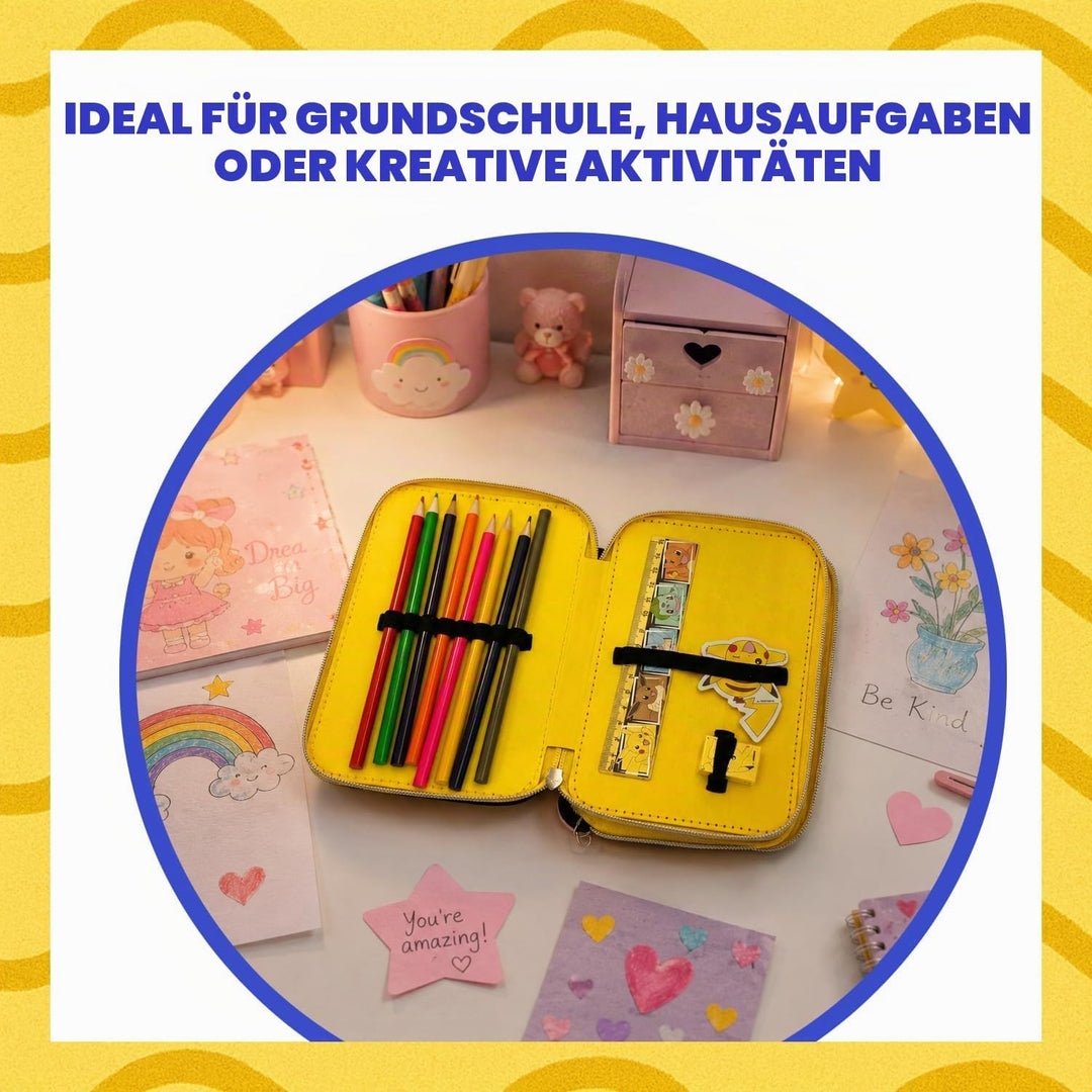 Pokémon Pikachu Federmäppchen mit Doppel-Fach – Komplettes Schulmäppchen mit Buntstiften, Filzstifte