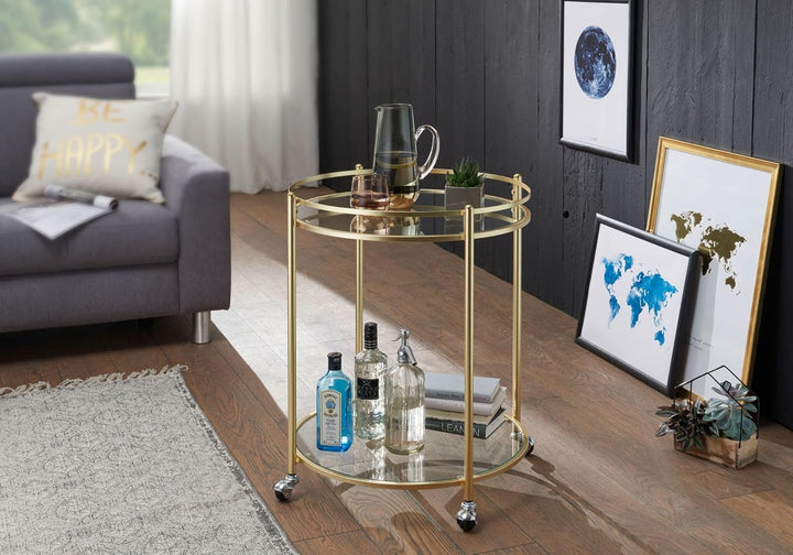 Wohnling Design Servierwagen Gold Ø 57 cm Beistelltisch, Teewagen Metall mit Rollen, Küchenwagen mit