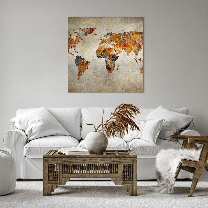 Bilder auf Leinwand 70x70cm Leinwandbild Welt Karte Kontinente Geographie Gross Wanddeko Bild Schlaf