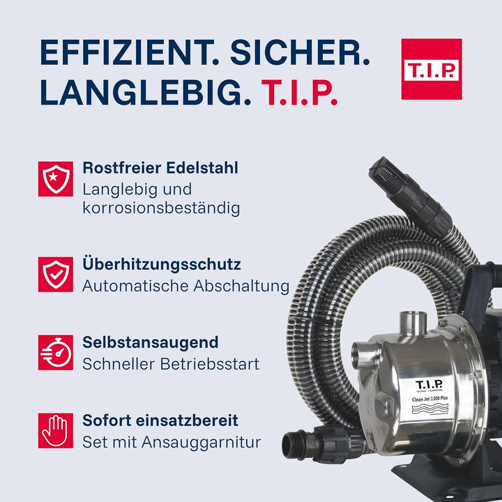 T.I.P. Gartenpumpe Edelstahl mit 4 m Ansauggarnitur (4.400l/h Fördermenge, 50m Förderhöhe, 5,0bar Dr