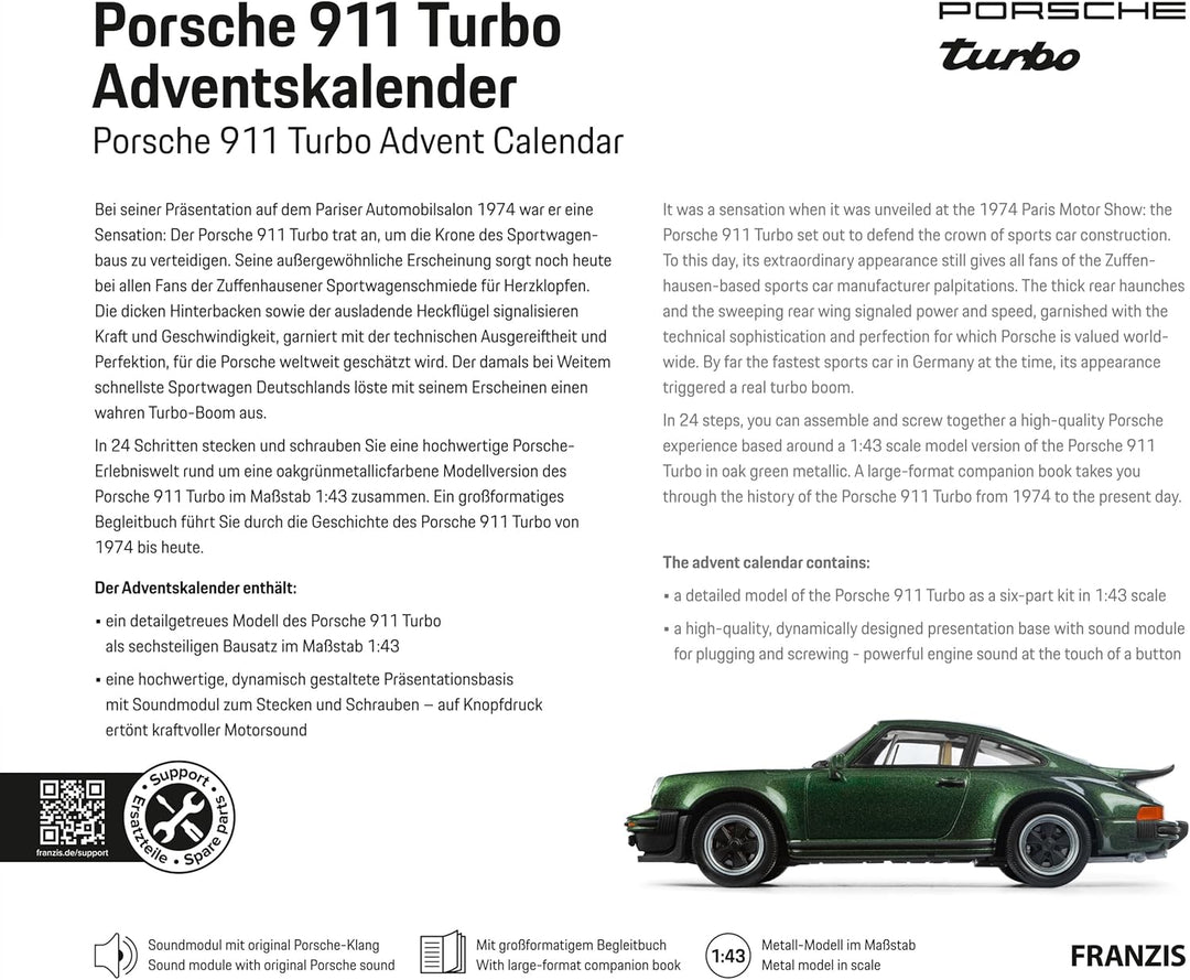 FRANZIS 55109 - Porsche 911 Turbo Adventskalender lichtgrün, Metall Modellbausatz im Massstab 1:43,