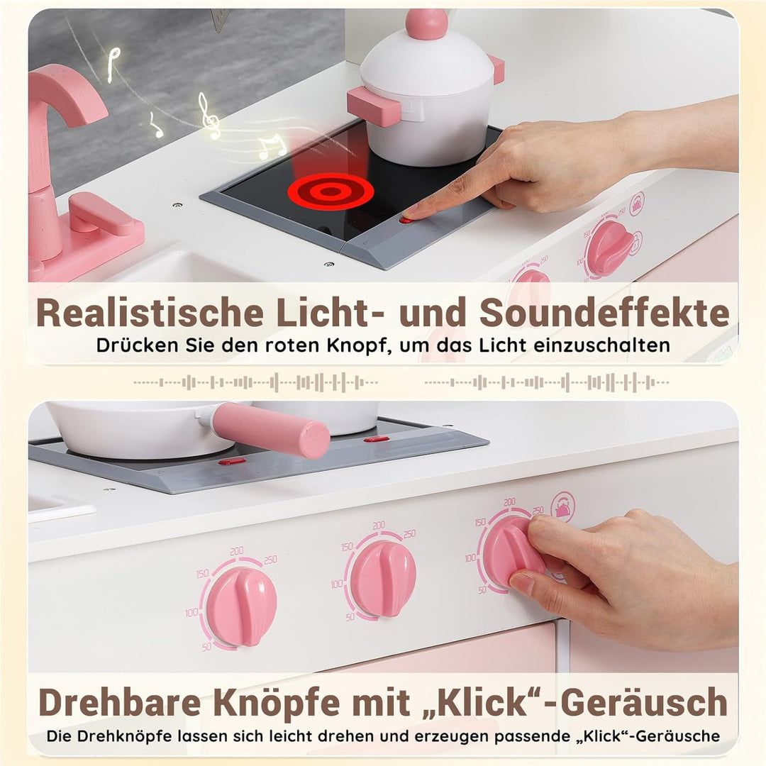SainSmart Jr. Kinderküche Holz Spielküche für Kinder, Rosa – mit Licht & Sound, Eiswürfelspender, Mi