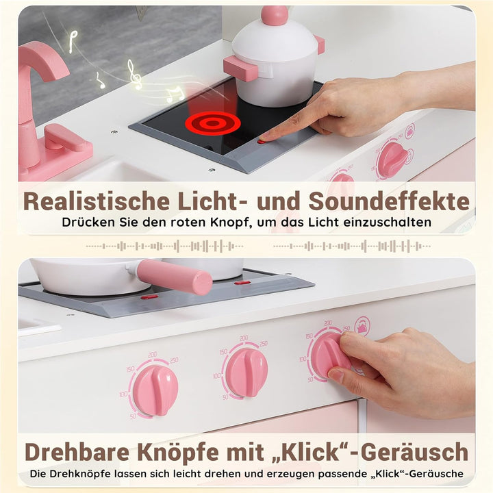 SainSmart Jr. Kinderküche Holz Spielküche für Kinder, Rosa – mit Licht & Sound, Eiswürfelspender, Mi
