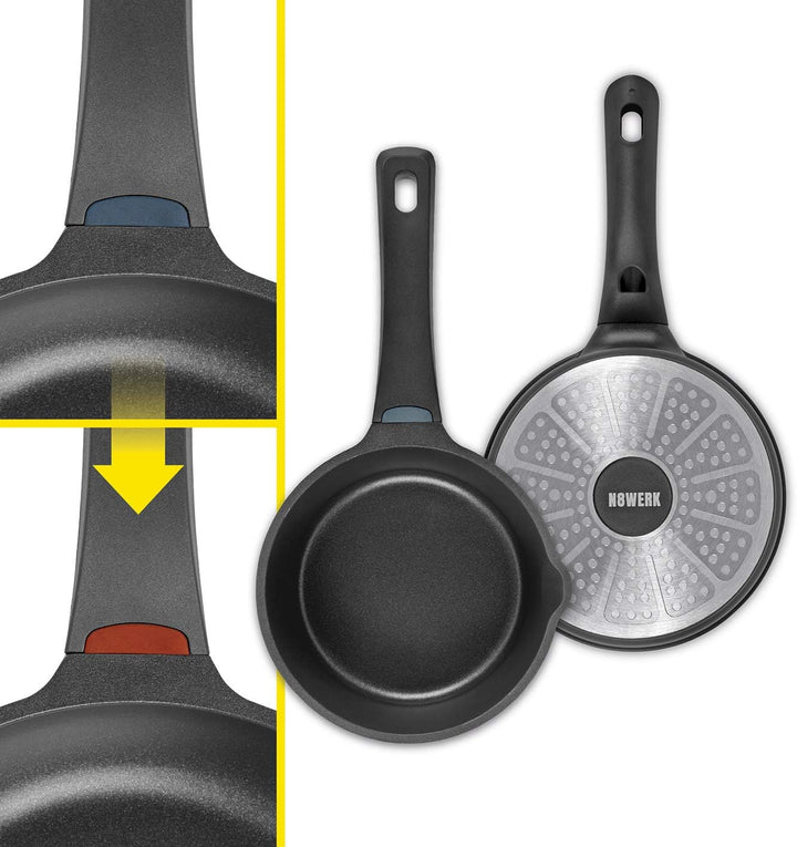 N8WERK Aluguss-Stielkasserolle in der Midnight Edition 18 cm | Farbwechsel-Temperaturanzeige, Deckel